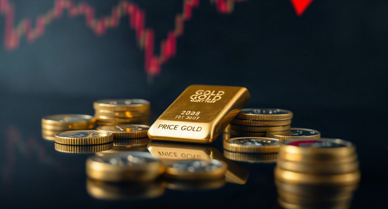 Gold bars and coins with a faint bearish chart in the background, indicating potential price decline