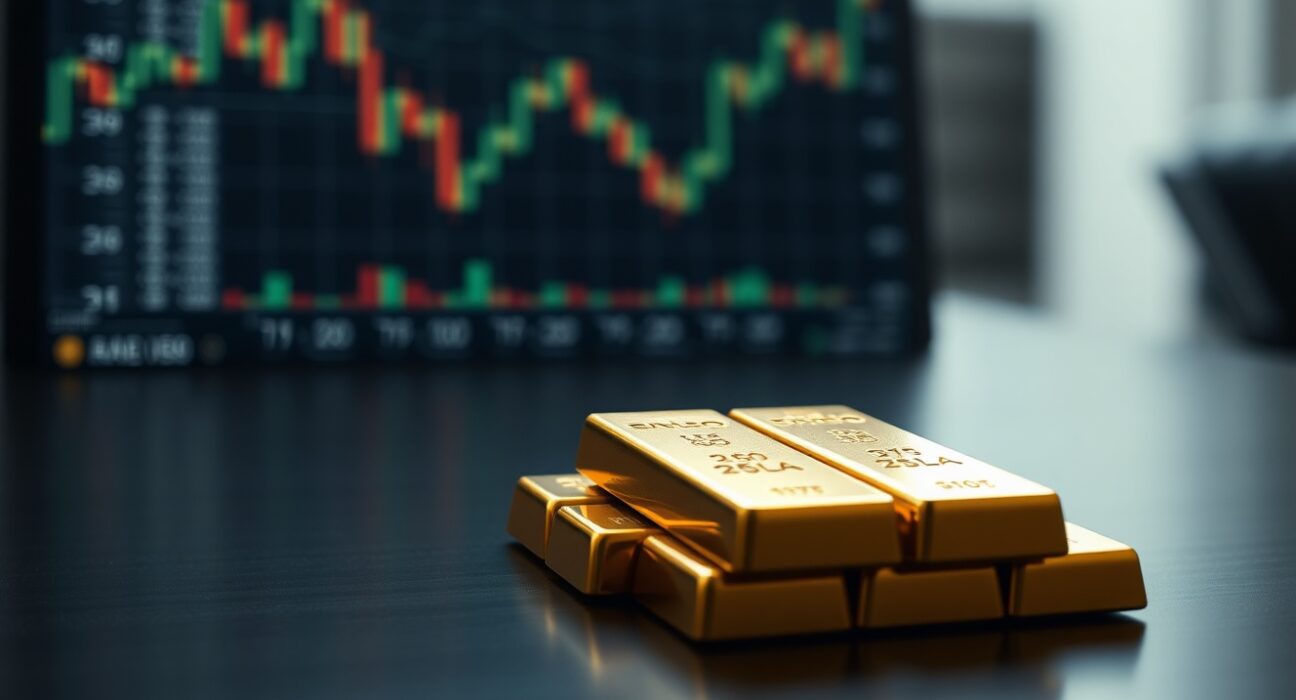Stack of gold bullion bars on dark surface with financial charts in background