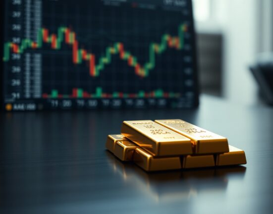 Stack of gold bullion bars on dark surface with financial charts in background