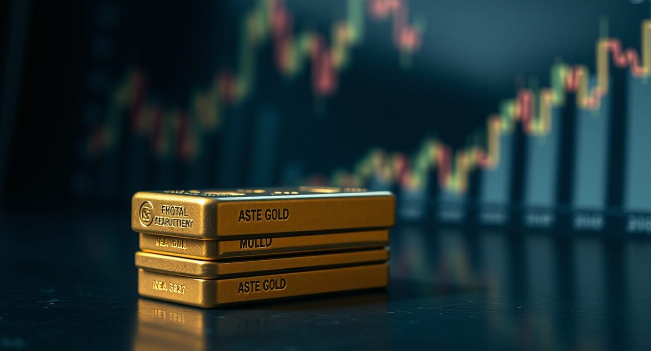 Gold bullion bars and coins on a dark surface representing financial market pressure.