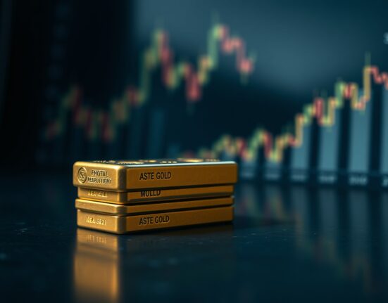 Gold bullion bars and coins on a dark surface representing financial market pressure.