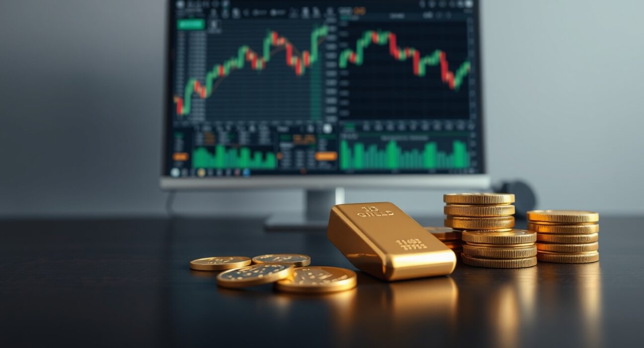 Gold bars and coins on a dark table with blurred financial charts in background