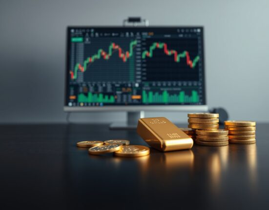 Gold bars and coins on a dark table with blurred financial charts in background