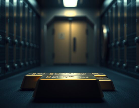 Stack of gold bars in a dimly lit vault representing subdued gold prices amid dollar strength and Fed rate hike expectations.