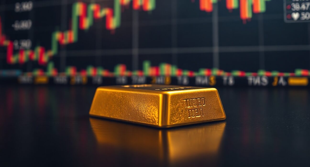 Gold bar on reflective surface with blurred financial charts in background