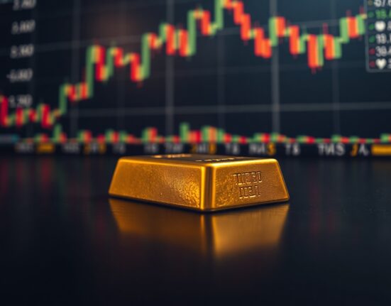 Gold bar on reflective surface with blurred financial charts in background