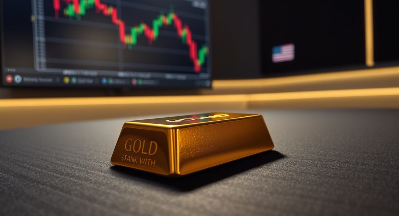 A single gold bar on a dark surface with a financial chart showing a downward trend in the background.