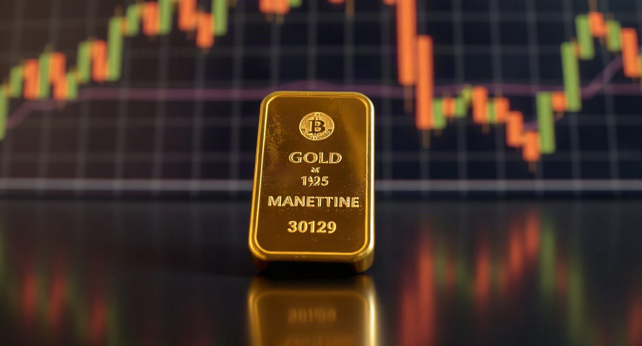 Gold bullion bar with candlestick chart overlay representing XAU/USD technical analysis