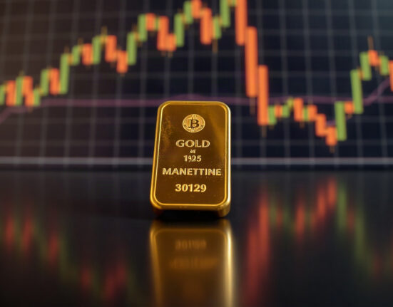 Gold bullion bar with candlestick chart overlay representing XAU/USD technical analysis