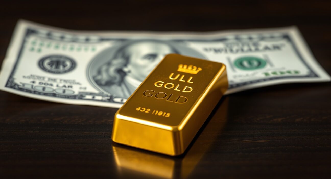 Gold bar with blurred US dollar bill in background representing gold price and dollar strength