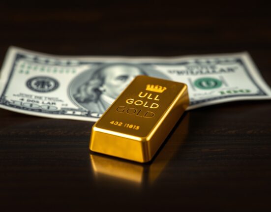 Gold bar with blurred US dollar bill in background representing gold price and dollar strength