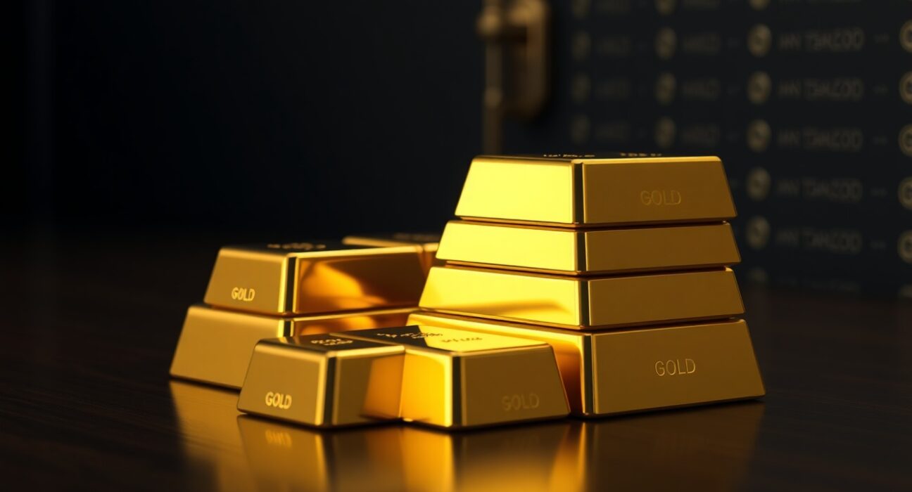 Stack of gold bars on a dark surface with soft lighting