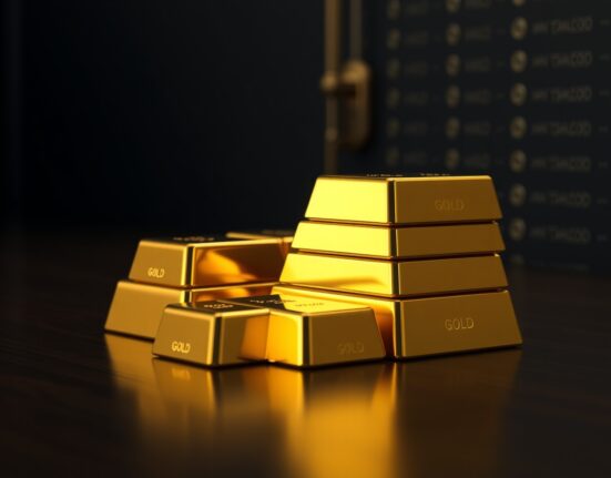 Stack of gold bars on a dark surface with soft lighting