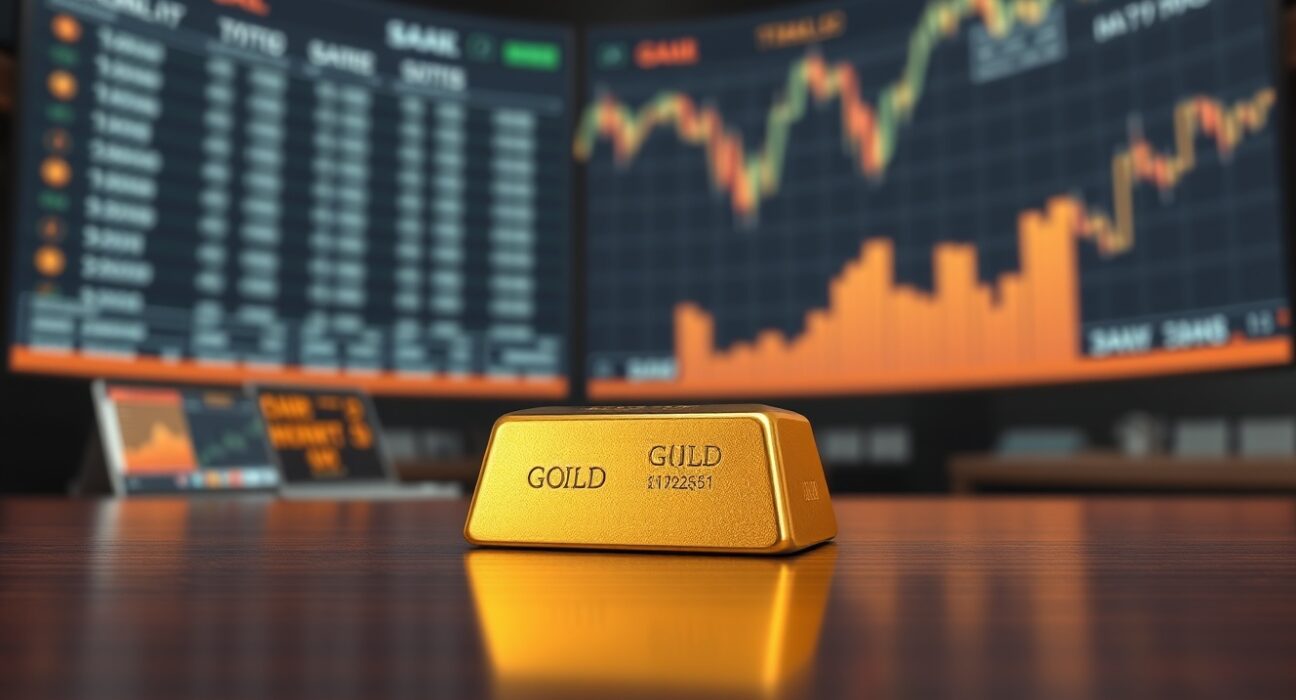 Gold bullion bar awaiting Federal Reserve policy decision impact on market price.