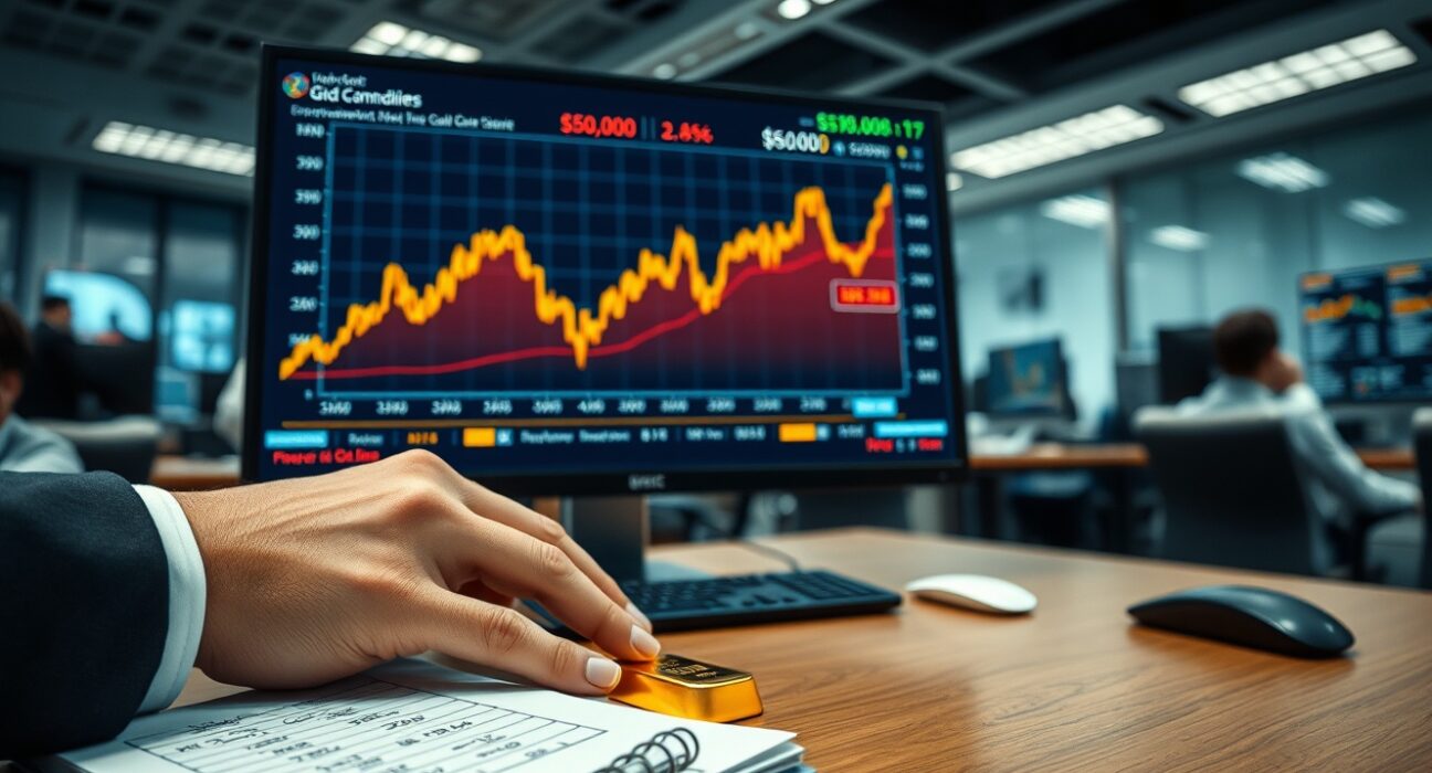 Gold price chart at $5,000 on a trading desk as analysts monitor Iran conflict developments.
