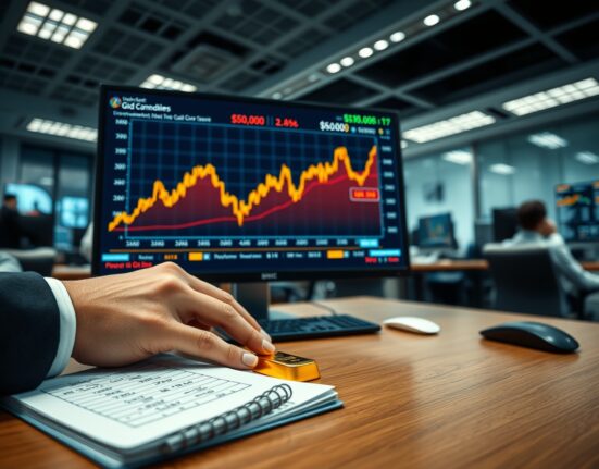 Gold price chart at $5,000 on a trading desk as analysts monitor Iran conflict developments.