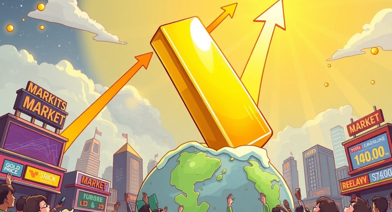Cartoon illustration showing the astonishing surge of the Gold Price, with a large gold bar flying high above market activity.