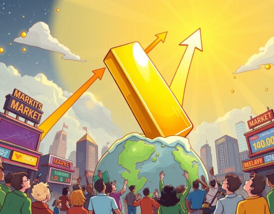 Cartoon illustration showing the astonishing surge of the Gold Price, with a large gold bar flying high above market activity.