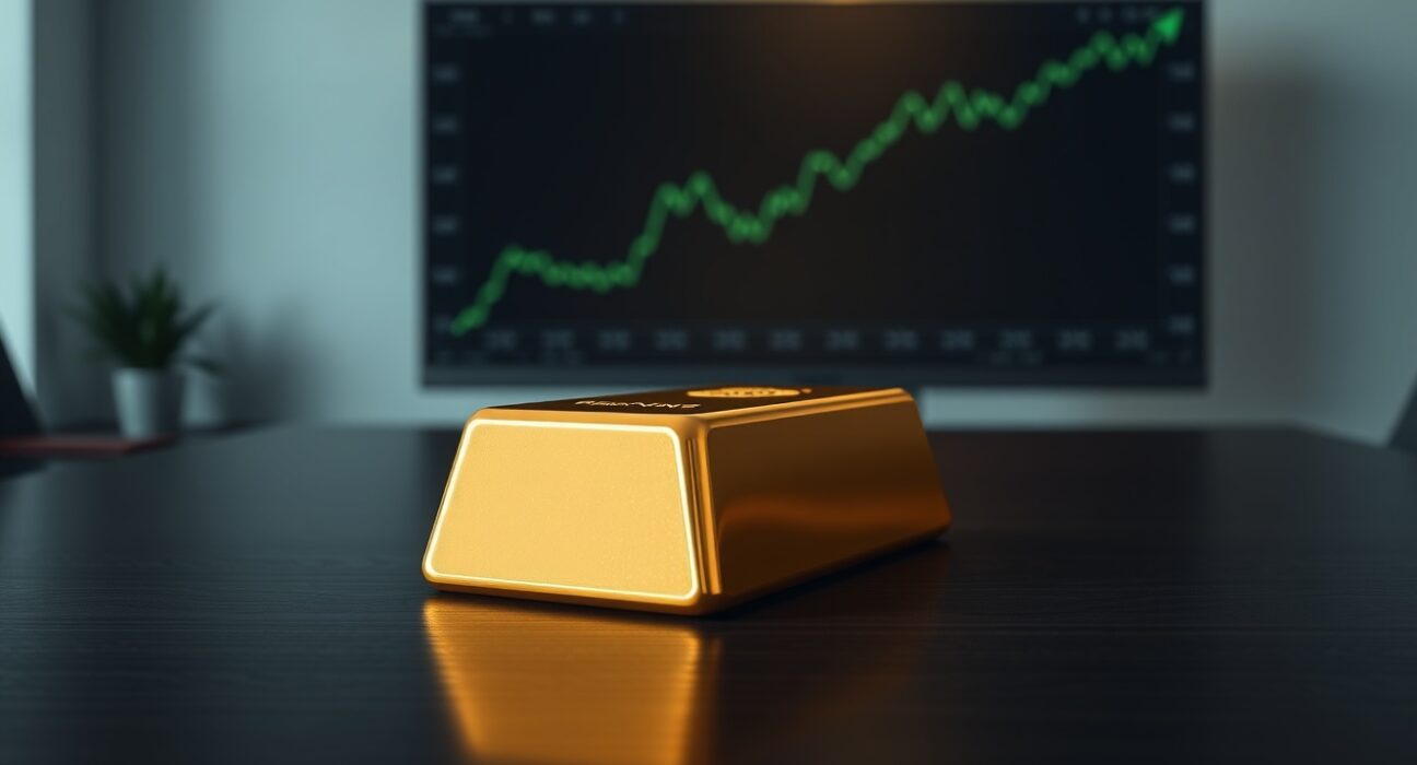 Gold bar on table with financial chart in background illustrating gold price analysis above $4,550 level.