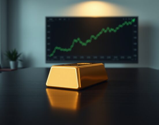 Gold bar on table with financial chart in background illustrating gold price analysis above $4,550 level.