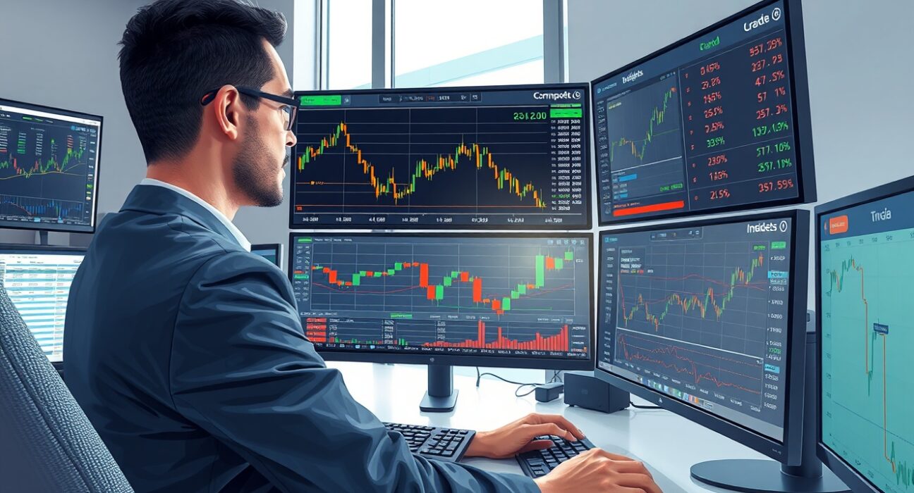 Professional trader analyzing gold price charts and US dollar impact on commodity markets in 2025