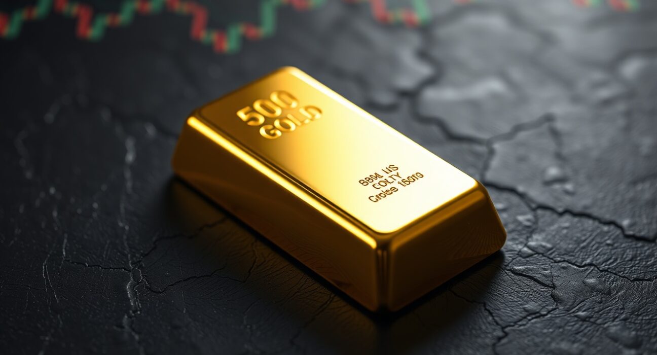 Gold bullion bar representing current market analysis and price pressure below $4,800 amid USD strength.