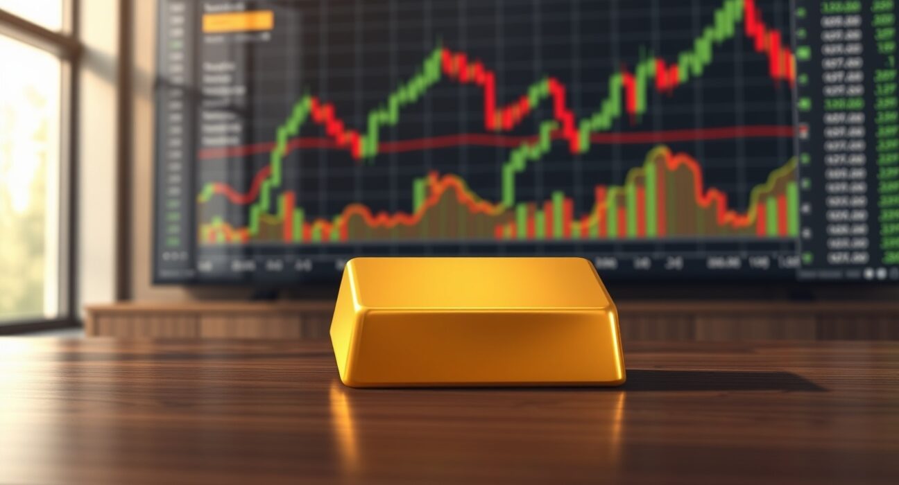 Gold bullion bar in a financial setting representing market analysis on price stagnation and inflation.