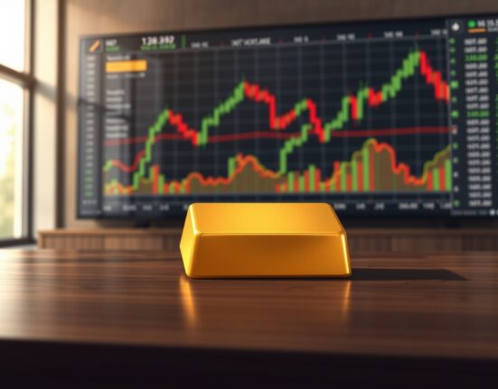 Gold bullion bar in a financial setting representing market analysis on price stagnation and inflation.