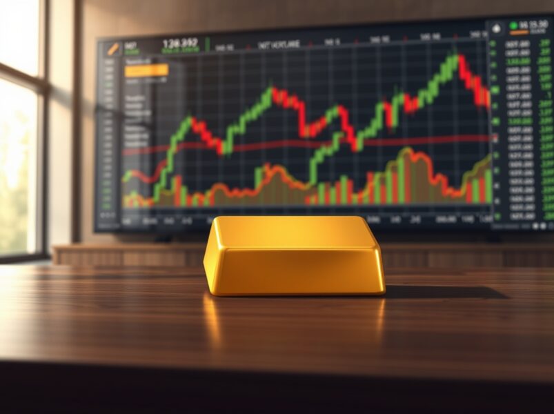 Gold bullion bar in a financial setting representing market analysis on price stagnation and inflation.