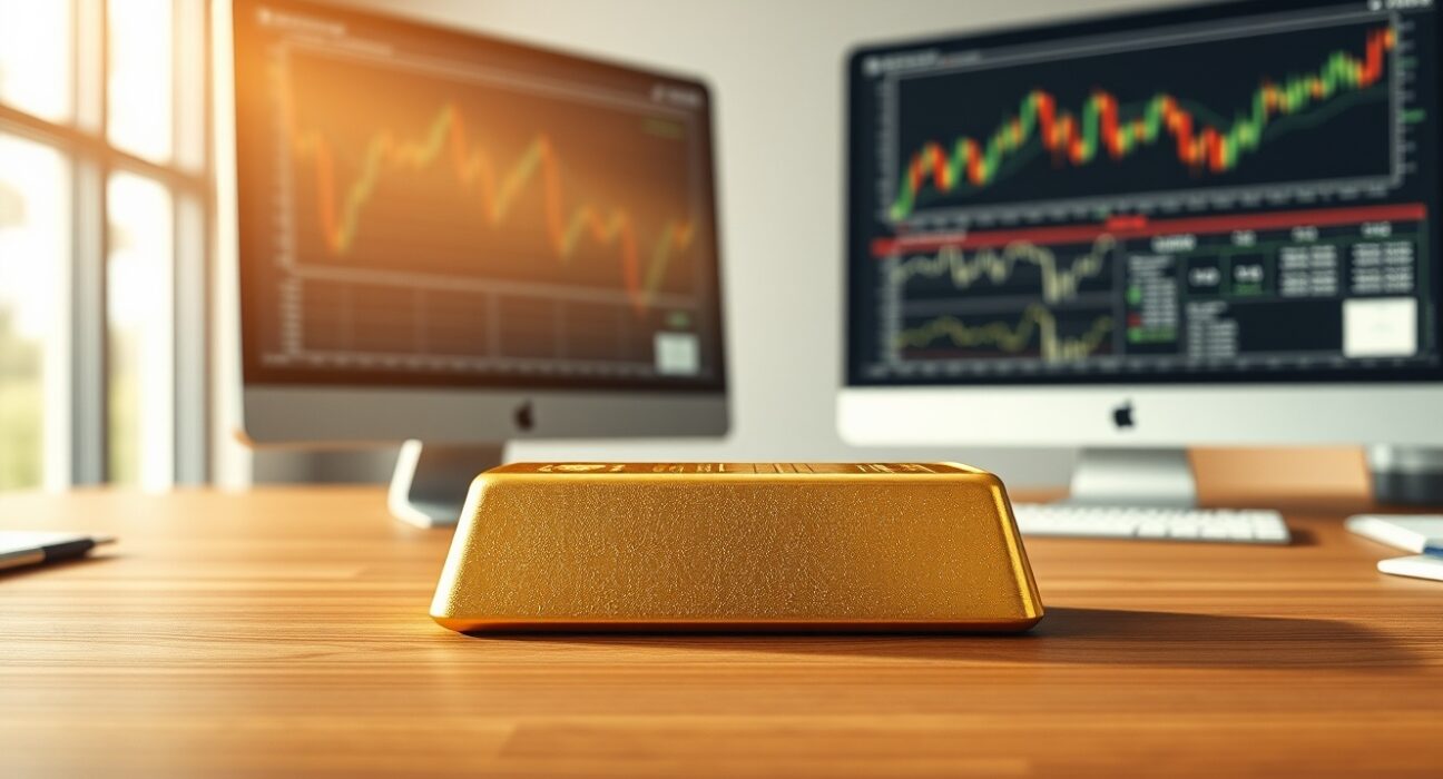 Gold bullion bar on analyst desk representing gold price analysis and market vulnerability.
