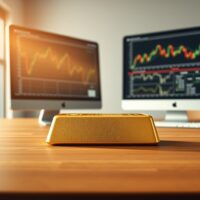 Gold bullion bar on analyst desk representing gold price analysis and market vulnerability.