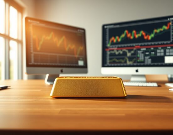 Gold bullion bar on analyst desk representing gold price analysis and market vulnerability.