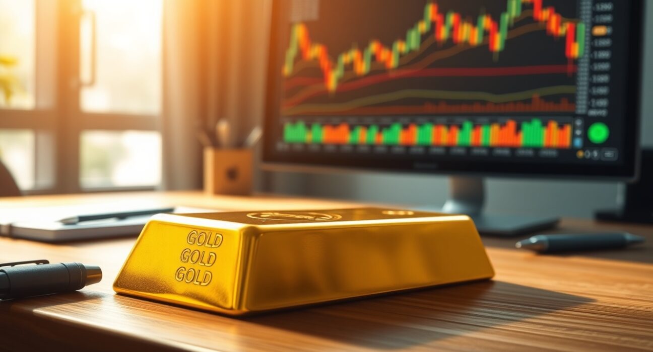 Gold bullion bar with financial charts representing price analysis and interest rate impact on precious metals market