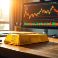 Gold bullion bar with financial charts representing price analysis and interest rate impact on precious metals market