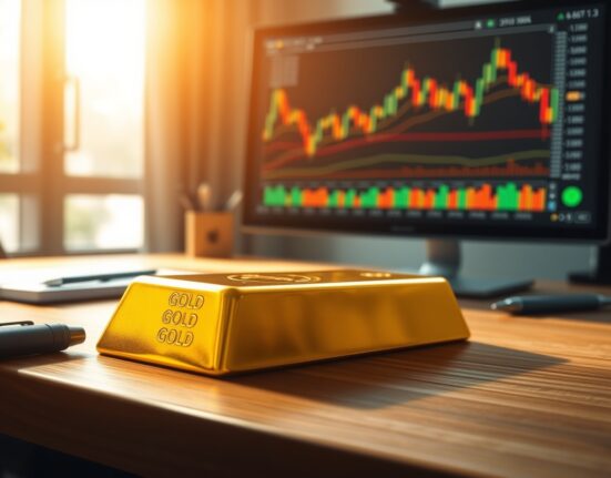 Gold bullion bar with financial charts representing price analysis and interest rate impact on precious metals market