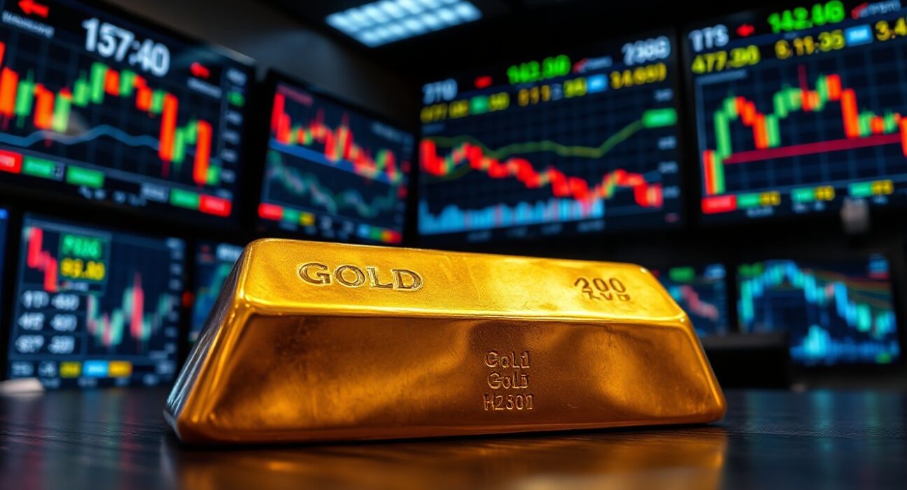 Gold bar on trading desk with financial screens showing declining gold price charts