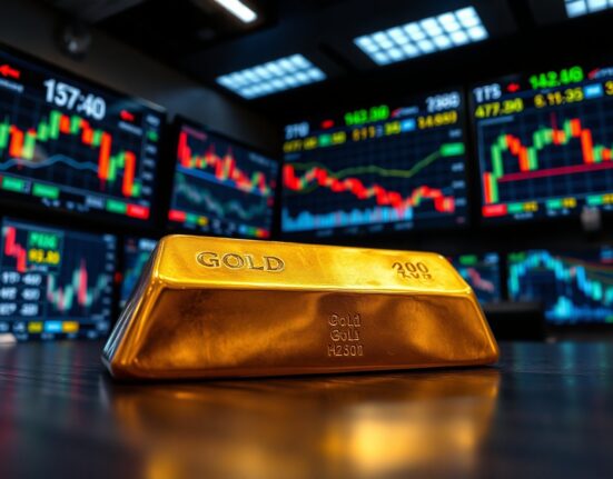Gold bar on trading desk with financial screens showing declining gold price charts