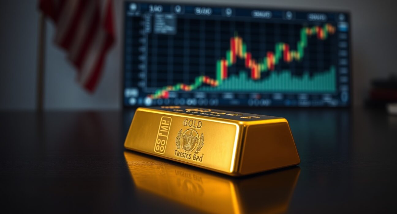 Gold bar on dark surface with subtle American flag and financial chart in background