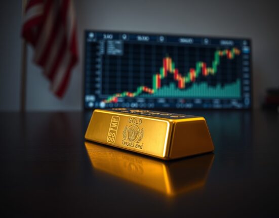 Gold bar on dark surface with subtle American flag and financial chart in background