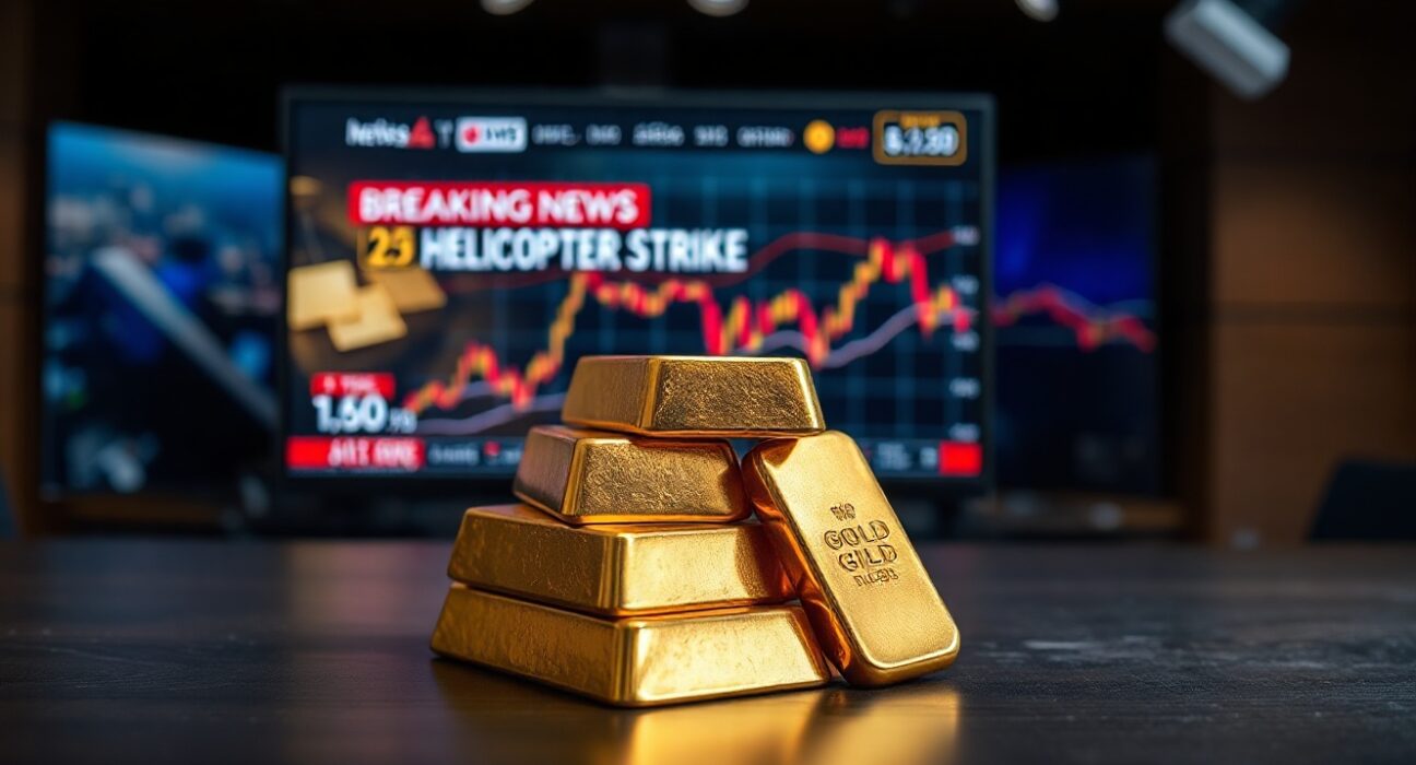 Gold bullion bars on a table with a blurred news monitor showing a helicopter strike headline and falling price chart.