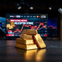 Gold bullion bars on a table with a blurred news monitor showing a helicopter strike headline and falling price chart.
