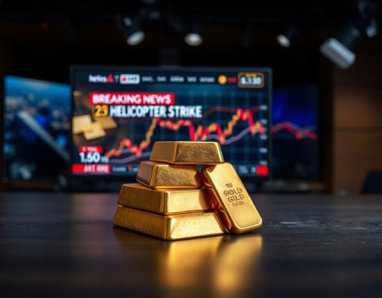 Gold bullion bars on a table with a blurred news monitor showing a helicopter strike headline and falling price chart.