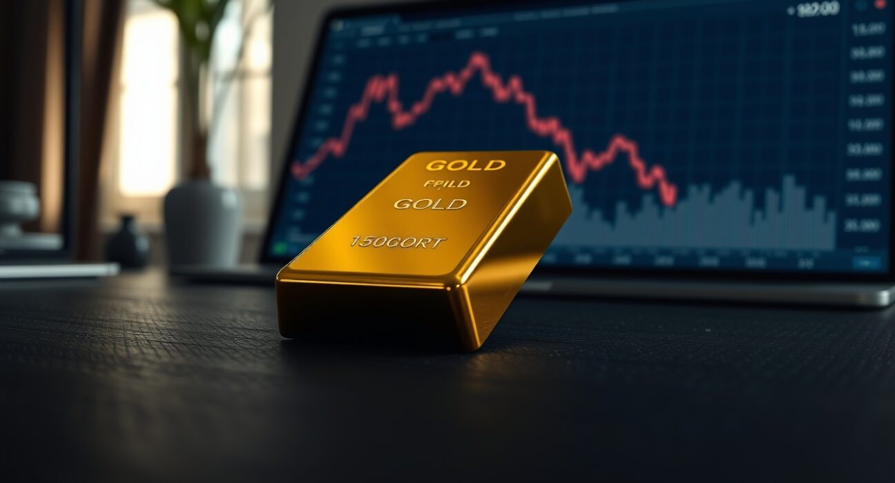 Gold bullion bar with financial chart reflecting the current gold price pressure from a strong US dollar.
