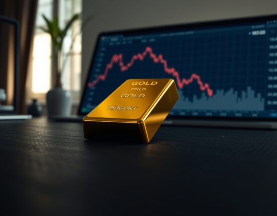 Gold bullion bar with financial chart reflecting the current gold price pressure from a strong US dollar.