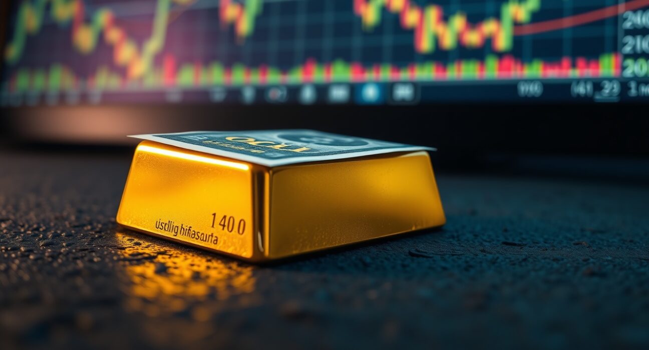 Gold bullion bar overshadowed by US dollar, symbolizing gold price pressure from a strong dollar and yields.