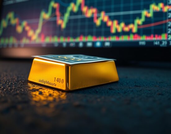 Gold bullion bar overshadowed by US dollar, symbolizing gold price pressure from a strong dollar and yields.