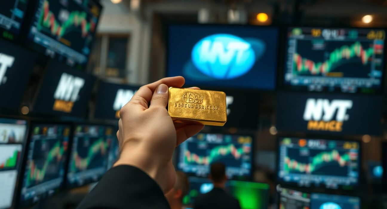 Trader holding a gold bar with market charts in background