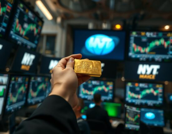 Trader holding a gold bar with market charts in background
