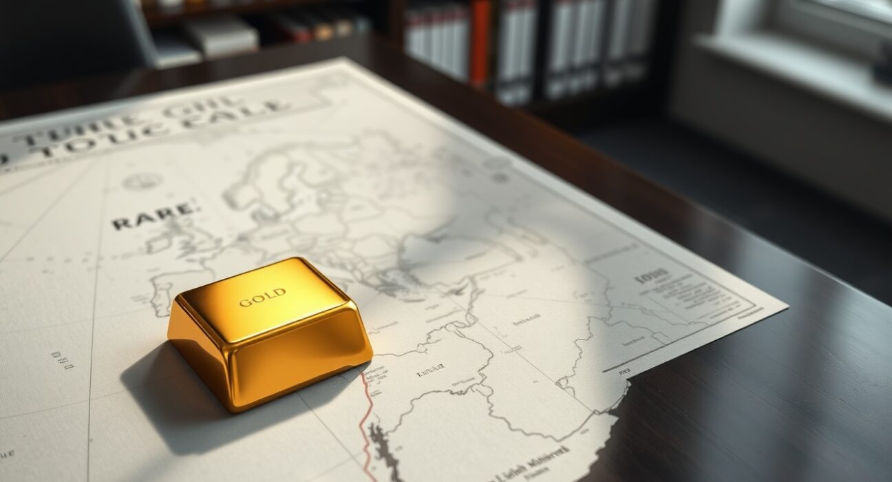 Gold bullion on a world map illustrating geopolitical drivers of gold prices according to TD Securities analysis.