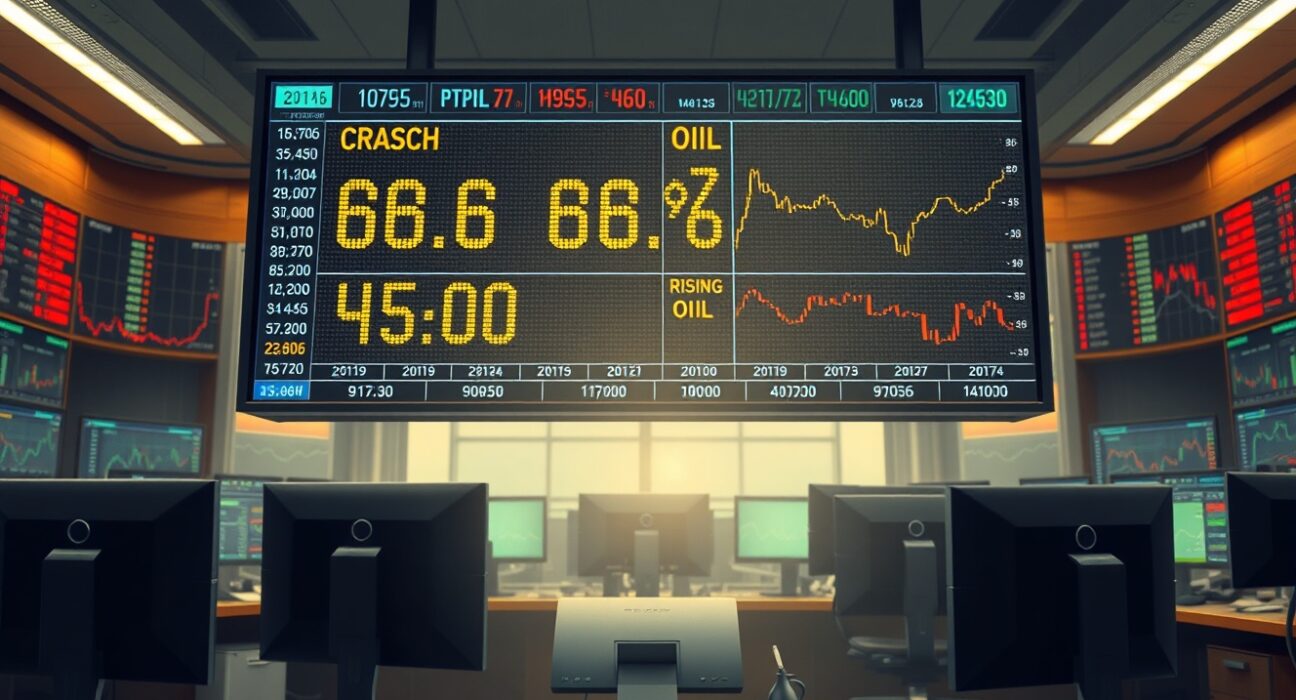Gold price crash and oil spike shown on financial trading desk monitors during USD rally.